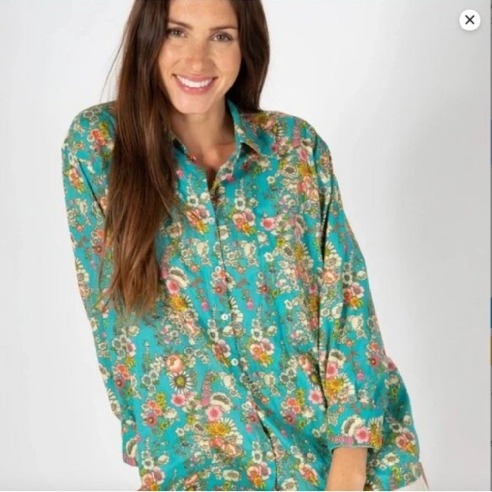 NATURAL LIFE “Lived In Button Down” in Turquoise Bouquets 100% Cotton Shirt